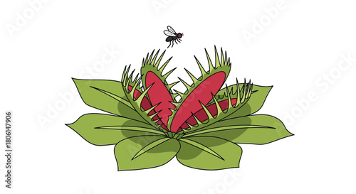 A carnivorous Venus flytrap plant with open jaws, attracting a small flying insect.