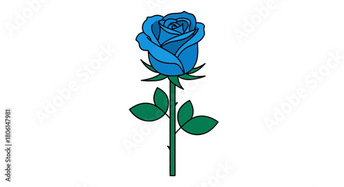 Illustration of a single blue rose with green leaves and stem on a white background.