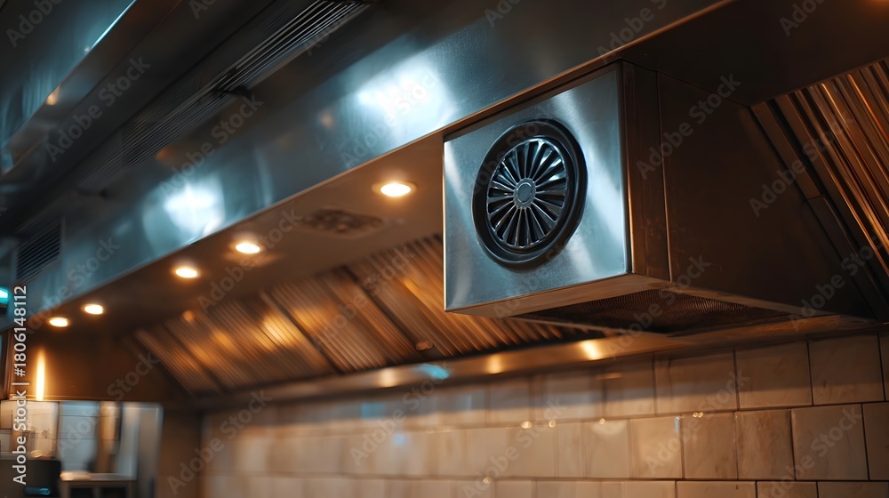 Obraz premium Stainless steel commercial kitchen ventilation hood with integrated lighting and a circular vent