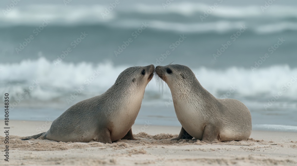 Fototapeta premium Seals playfully interacting on the sandy beach by the ocean under cloudy skies during the day