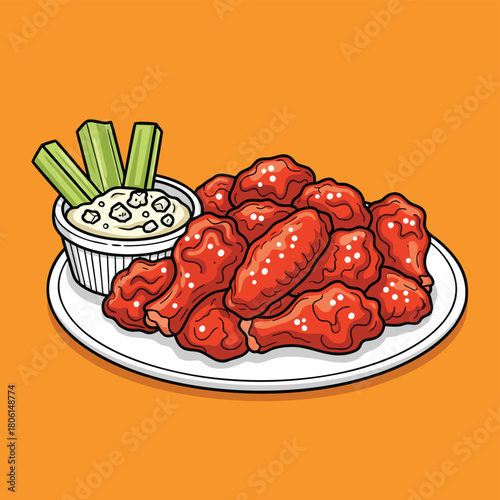 A cartoon illustration of a plate piled high with spicy red chicken wings, served with a side of blue cheese dipping sauce and fresh green celery sticks.