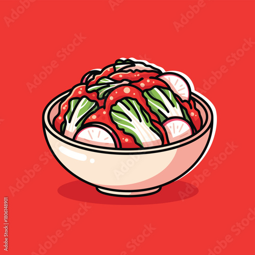 A cartoon illustration of a bowl of spicy red kimchi with napa cabbage and radish slices on a red background.