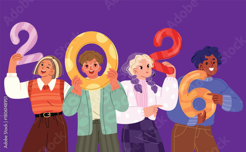 A vibrant, trendy vector illustration featuring a diverse group of four young adults with unique, expressive fashion styles, holding up large, fun, balloon-like numerals to form the year 2026
