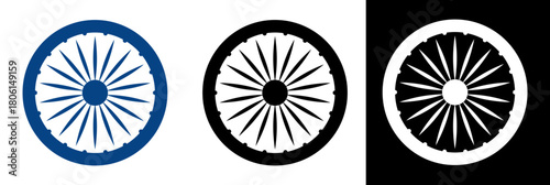 Set Ashoka Chakra symbols blue, black, white colors. National emblem element for India Republic Day, Independence Day designs. Vector template for patriotic illustration