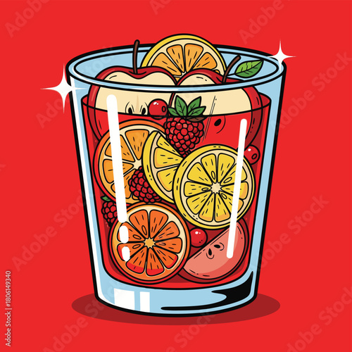Vibrant illustration of a refreshing fruit punch or sangria drink in a glass, filled with various colorful fruit slices and berries.