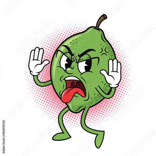 A cartoon lime character with an angry or disgusted expression, sticking its tongue out and raising its hands in a stop gesture, on a halftone background.