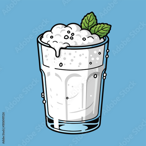 A refreshing glass of frothy white drink topped with fresh mint leaves, cartoon illustration.