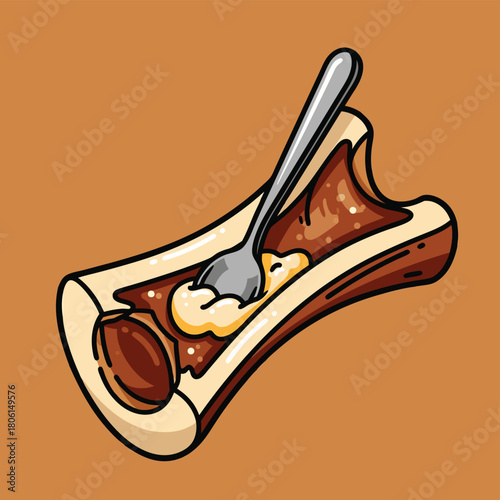 A cartoon illustration of a bone cut open, revealing marrow and a spoon scooping out a creamy substance.