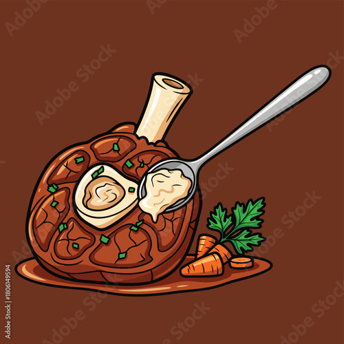 A cartoon illustration of a braised meat dish, possibly pork hock or osso buco, with a bone, rich sauce, a spoon, carrots, and parsley.