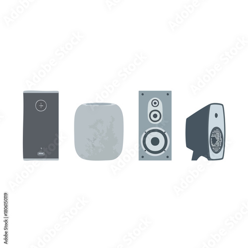 A collection of various audio speakers on a white background.