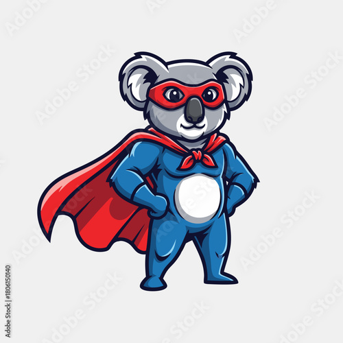Cute cartoon koala character dressed as a superhero with a blue suit, red cape, and mask, standing confidently.