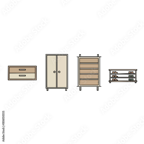 A collection of various household furniture items illustrated in a simple style.