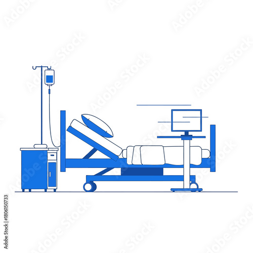 Hospital Bed with Medical Equipment Illustration in Blue.