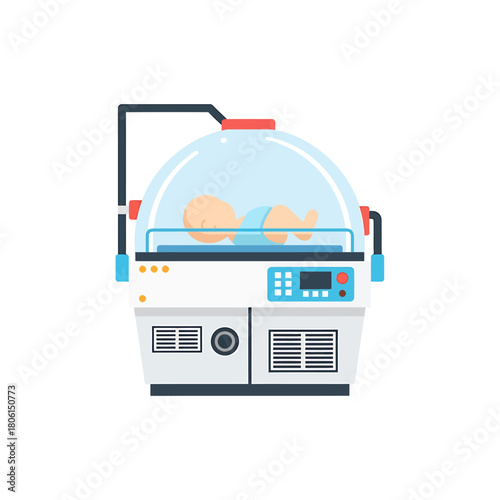 Illustration of a baby incubator with a newborn inside.