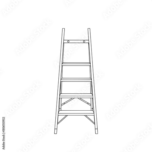 "A precise monochrome line drawing of a folding step ladder viewed head-on, centered against a blank white backdrop. Clean parallel lines define the frame, four steps, and top platform, with no shadin