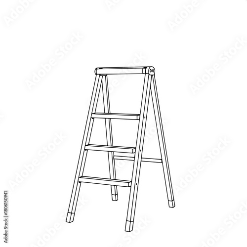 "A precise monochrome line drawing of a folding step ladder viewed head-on, centered against a blank white backdrop. Clean parallel lines define the frame, four steps, and top platform, with no shadin