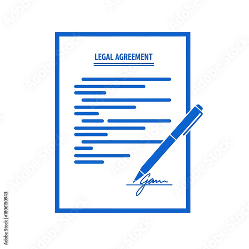 Legal Agreement Document with Pen Signing, Blue Illustration.