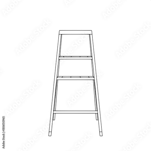 "A precise monochrome line drawing of a folding step ladder viewed head-on, centered against a blank white backdrop. Clean parallel lines define the frame, four steps, and top platform, with no shadin