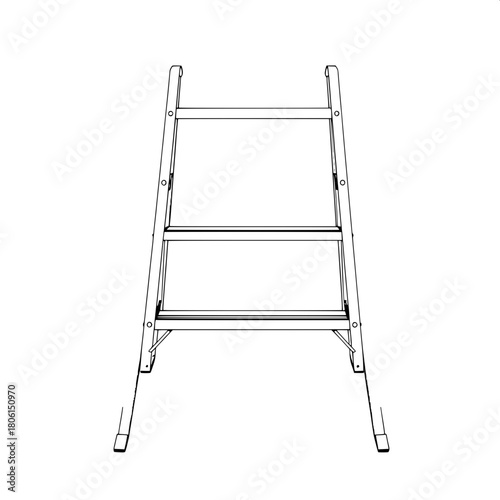 "A precise monochrome line drawing of a folding step ladder viewed head-on, centered against a blank white backdrop. Clean parallel lines define the frame, four steps, and top platform, with no shadin