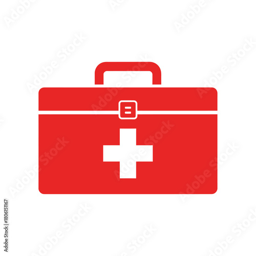 Red First Aid Kit with White Cross Symbol Illustration.