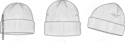 Knit beanie hat sketch, front top side views, ribbed texture with folded brim, winter accessory design, flat vector illustration