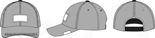 Baseball cap design sketch, front side back views, branding patch areas, adjustable strap detail, fashion accessory, flat vector illustration