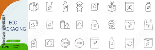 Eco Friendly Sustainable Packaging Recycling Line Vector Icon Set
