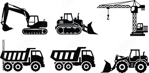 Construction vehicle silhouettes, excavator bulldozer dump truck crane loader icons, heavy equipment set, industrial theme, flat vector illustration