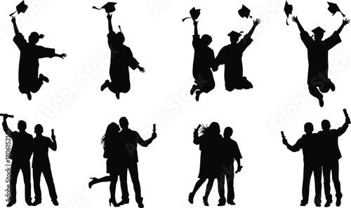 Graduation celebration silhouettes, joyful graduate poses with caps and diplomas, academic achievement theme, education concept, flat vector illustration