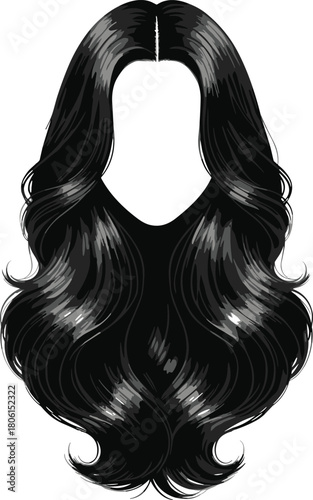 Long wavy black hair illustration, glossy texture with highlights, middle part hairstyle, realistic beauty concept, flat vector artwork