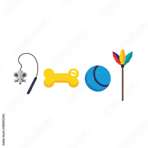 A colorful set of various pet toys for cats and dogs isolated on a white background.