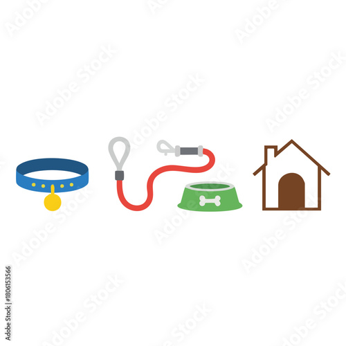 A set of flat design icons for essential dog care items.