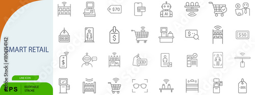 Smart Retail Technology Modern Shopping Line Vector Icon Set
