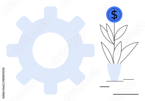 Gear symbol next to a growing plant with a dollar sign as its bloom. Ideal for innovation, financial growth, productivity, business strategy, economic progress, investment, simple flat metaphor