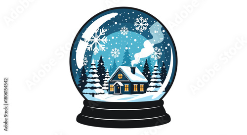 Enchanting winter scene inside a snow globe with a cozy house and falling snowflakes