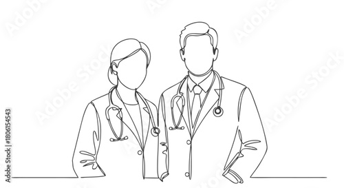Continuous line drawing of two medical professionals with stethoscopes vector illustration in one-line art, eps