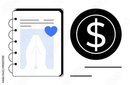 Notebook with praying hands in front of a heart shape highlights spirituality, goodwill, and donations beside a dollar sign. Ideal for charity, fundraising, giving, faith, values, donations simple