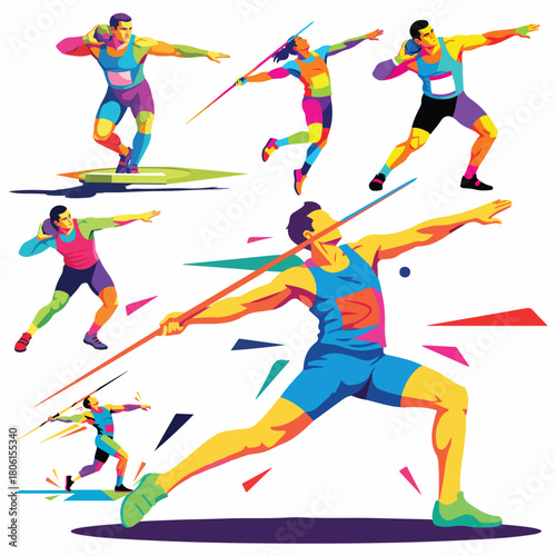 Dynamic athletes in vibrant action poses perfect for sports branding and fitness campaigns with powerful energy and movement expressed through color