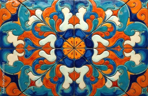 Colorful ceramic tiles form a mosaic. Intricate floral pattern repeats in blue orange and white. Traditional handicraft art adorns surface with geometric detail. Decorative surface texture shines.