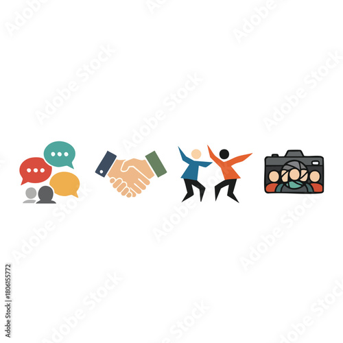 Business and Social Interaction Icon Set on White Background.