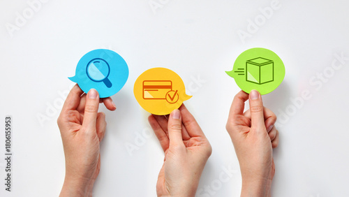Search, Payment, Purchase Icons in Three Speech Bubbles â€” Online Shopping Concept