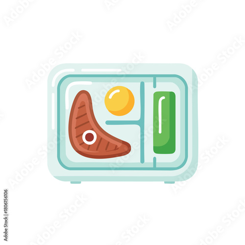 Cartoon lunchbox with steak egg and vegetables icon.