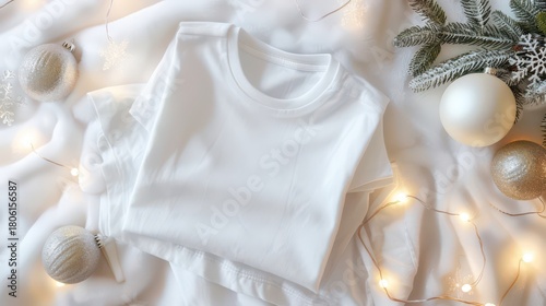 Festive christmas and new year mockup with t-shirt and decorations for holiday design. Flat lay. Template for a clothing store, shopping center, mall. Horizontal banner. Copy space. Top view