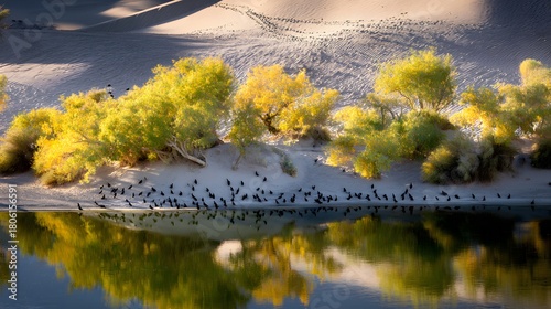  A flock of migratory birds resting at a desert oasis pond.