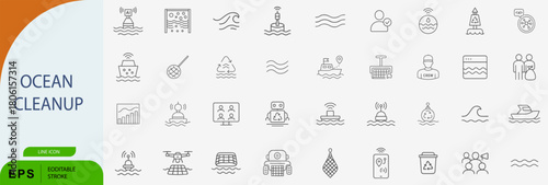 Ocean Cleanup Marine Pollution Solution Line Vector Icon Set