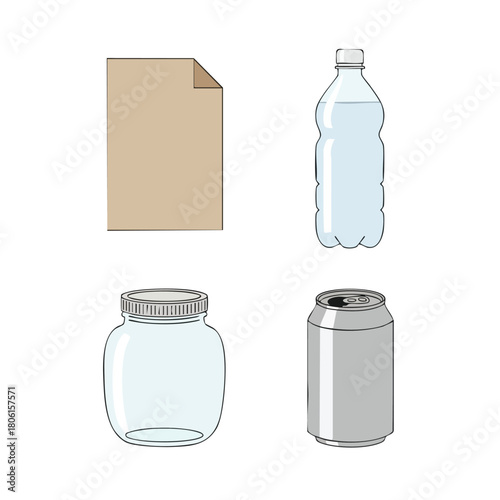 Collection of common recyclable materials for waste sorting and management.