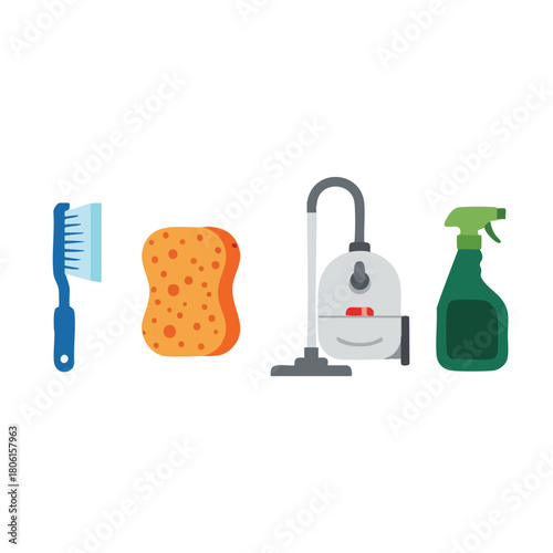 Collection of essential household cleaning supply icons.
