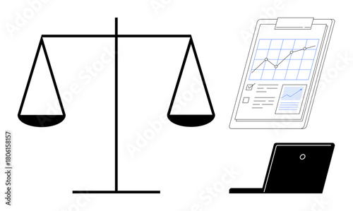 Scales, detailed clipboard with graphs, and laptop emphasizing strategic planning, law, business, justice, analytics, digital solutions modern technology. Ideal for fairness efficiency balanced