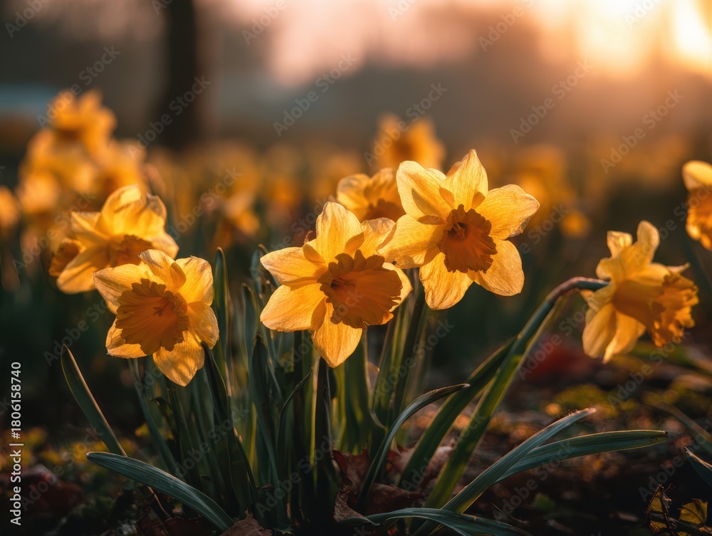 Obraz premium Close up of yellow daffodils illuminated by warm sunlight with soft bokeh Keywords: daffodils, yellow, flowers, spring, blooming, sun