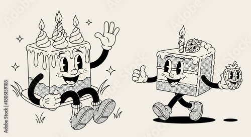 A playful collection of vintage-inspired birthday cake characters, featuring a cheerful walking slice and a friendly waving cake mascot illustration